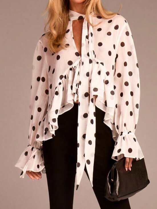 Tops - Black And White Elegant Women's Long Sleeve Tie-Waist Ruffle Polka Dot Blouse